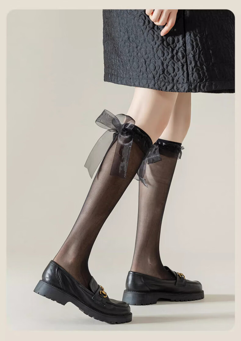 Langsha Women's Ultra-Thin Lace Bow Tie Black Lace Mid-Calf Socks Japanese JK Style Sexy Girl Leg Socks Spring Summer 15