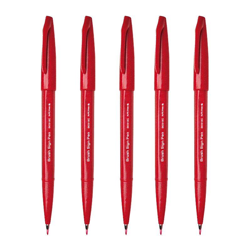 Pentel Colorful Soft Brush Pen, Elastic Tip Water-Based Pen Touch for Journaling, Letters And Cards, SES15C Red, Pack of 5