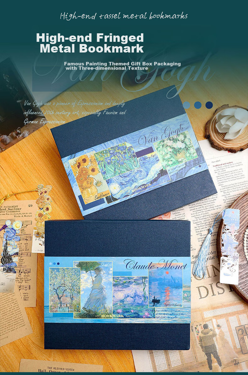 Shiluode High-Quality Tassel Metal Bookmarks, 4 Pieces, Birthday Gift Book Clips for Friends, Famous Painting Gift Bookmarks, Souvenirs, Van Gogh Oil Painting 1