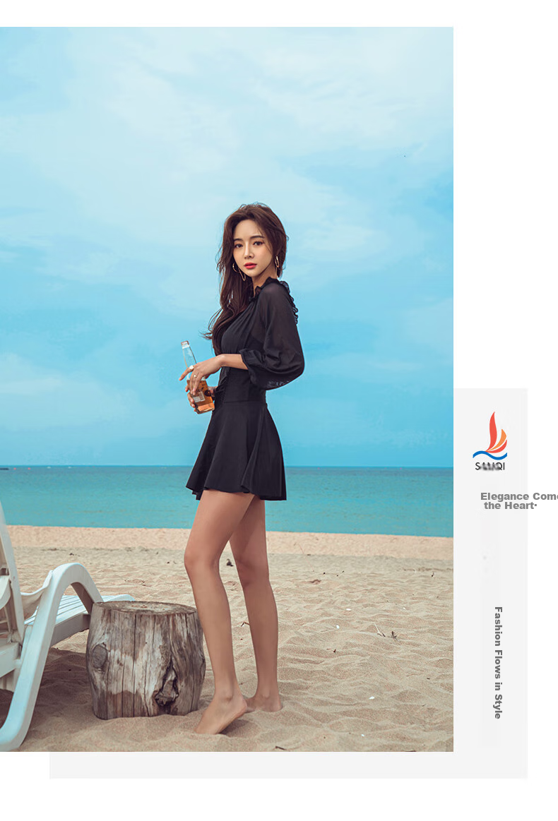 Sanqi Women's Swimsuit, Slimming, Tummy-Covering, Conservative One-Piece Dress, Fairy Style, Long Sleeves, Sexy, Hot Spring And Beach Swimming Costume, Black XXL 8