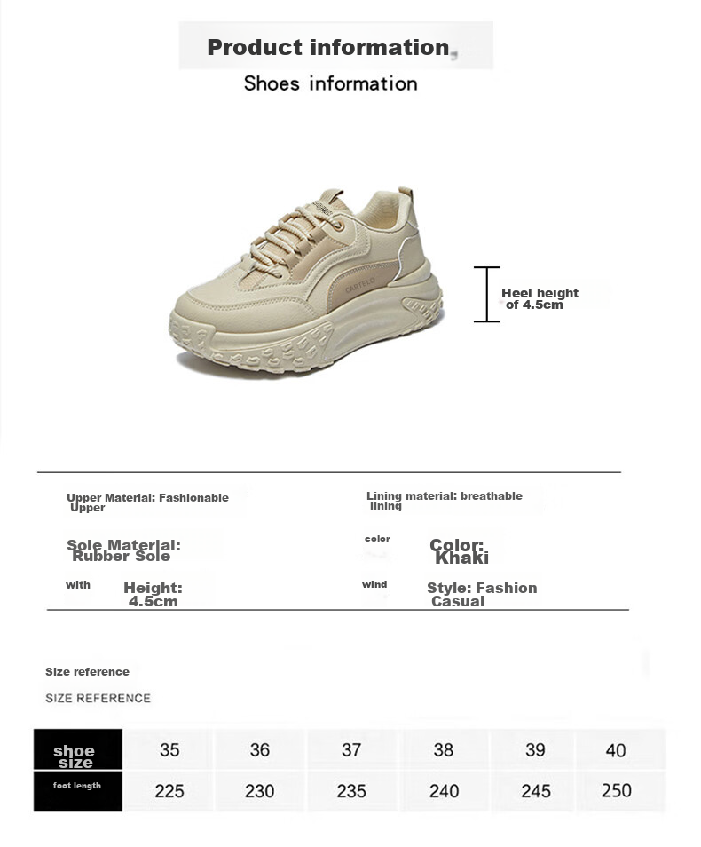 CARTELO Women's Chunky Sneakers, Spring Thick-Soled Casual Sports Shoes, Running Shoes for Women, 1417 Khaki, Size 36 5