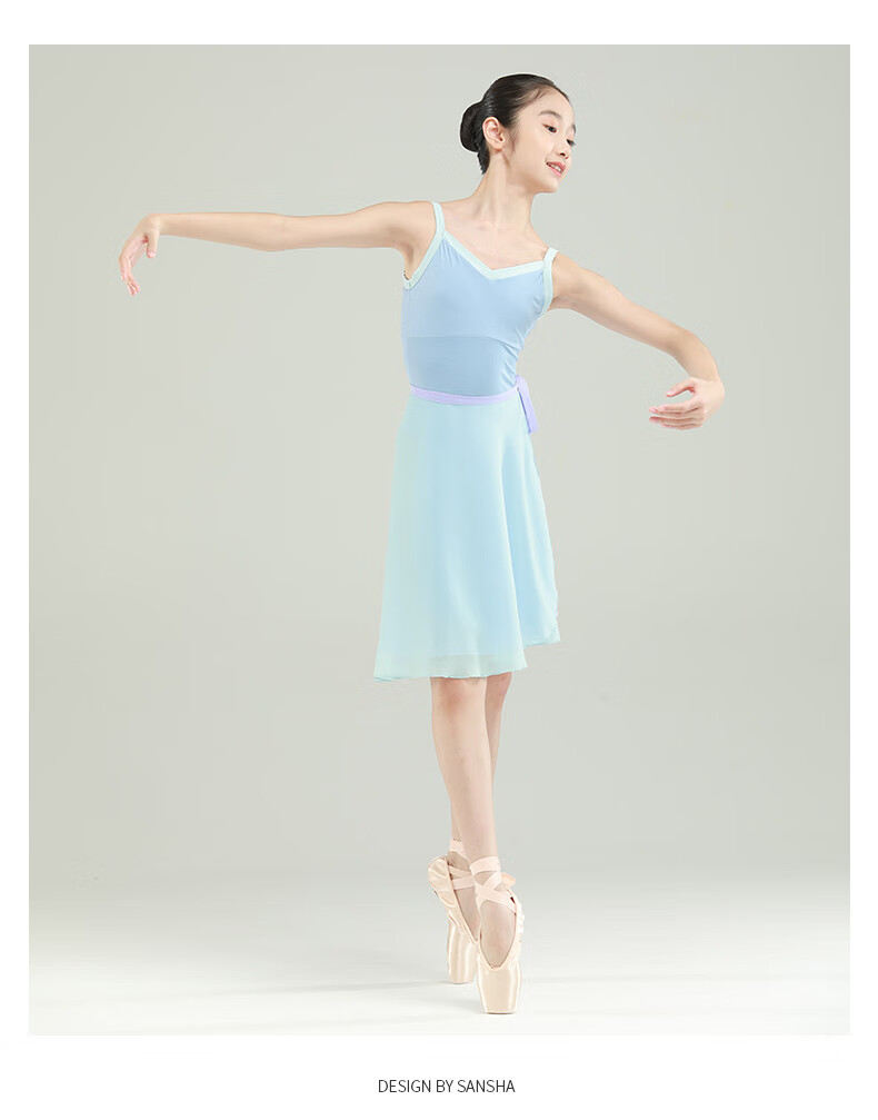 Sansha Girls' Ballet Leotard, Color-Block V-Neck Spaghetti Strap Bodysuit for Children's Dance Practice, Light Blue, Size S 10