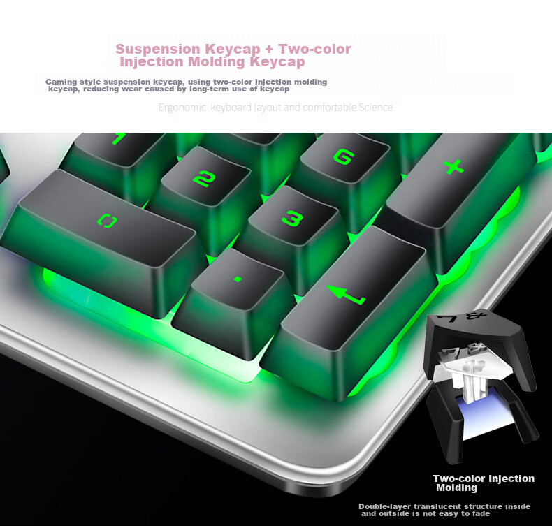 AULA T101 Mechanical Feel Keyboard And Mouse Set, Wired 104-Key Keyboard And Mouse Combo, Gaming And Office Computer Keyboard Mixed Light Eating Chicken Set, Metal Panel Silver White 6