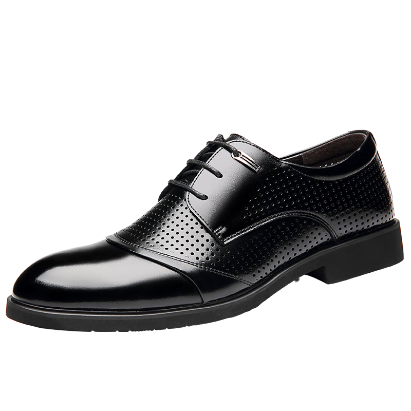 CARTELO Leather Shoes for Men, Business British Style Cowhide Formal Shoes, Breathable Wedding Shoes for Men, Model 3513, Black Hollow-Out Design, Size 39