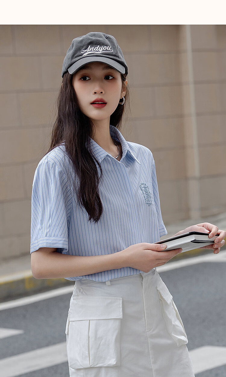 Dme [Youfeng De Yuandu] Xiaqingyang Academy Style Shirt, Striped Letter Embroidery, Comfortable Concealing Blouse, Women's Top 10
