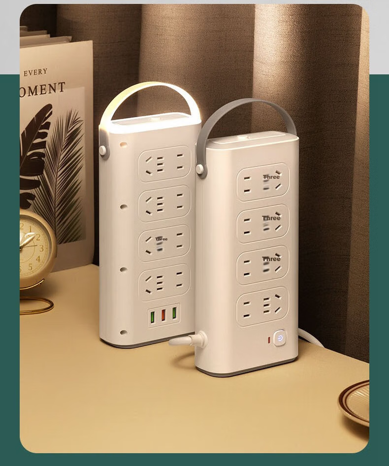 Aleleke Portable Standing Three-Tier Power Strip, 12 Outlets with Master Switch, 3 USB Ports for Charging, Night Light with Three Color Temperatures, Overload Protection, Extension Cord, 1.6m to 2m 24