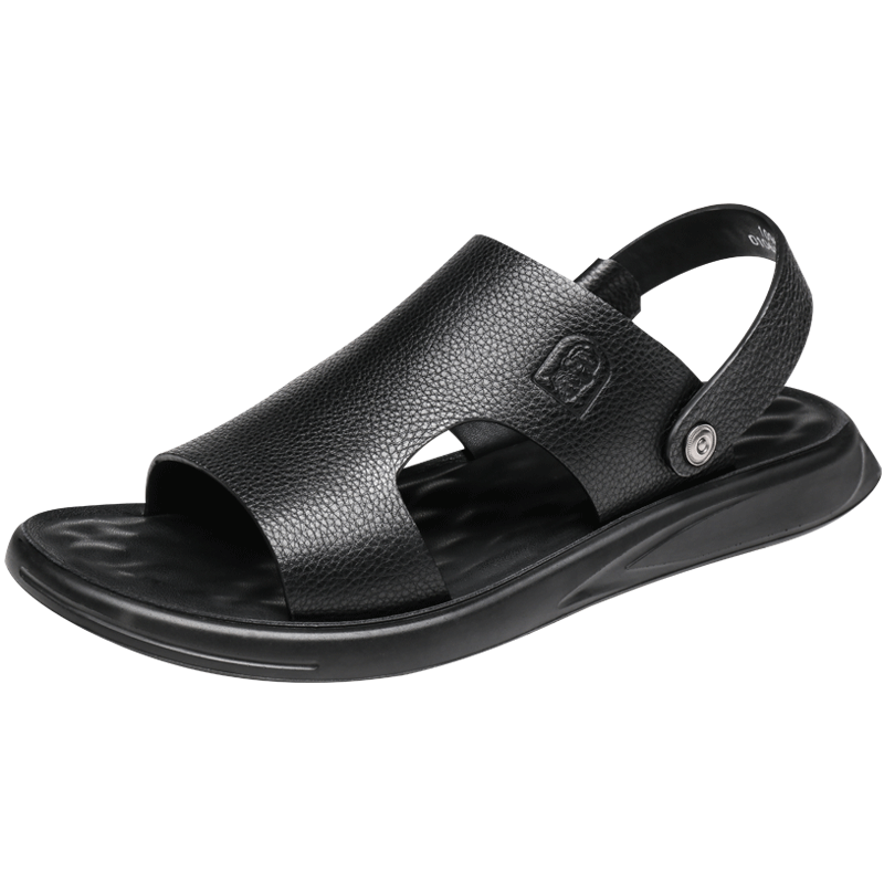 LAORENTOU Men's Sandals, Summer Top-Grain Leather Breathable Beach Versatile Casual Shoes Slippers Men's Footwear 10965 Black Size 38