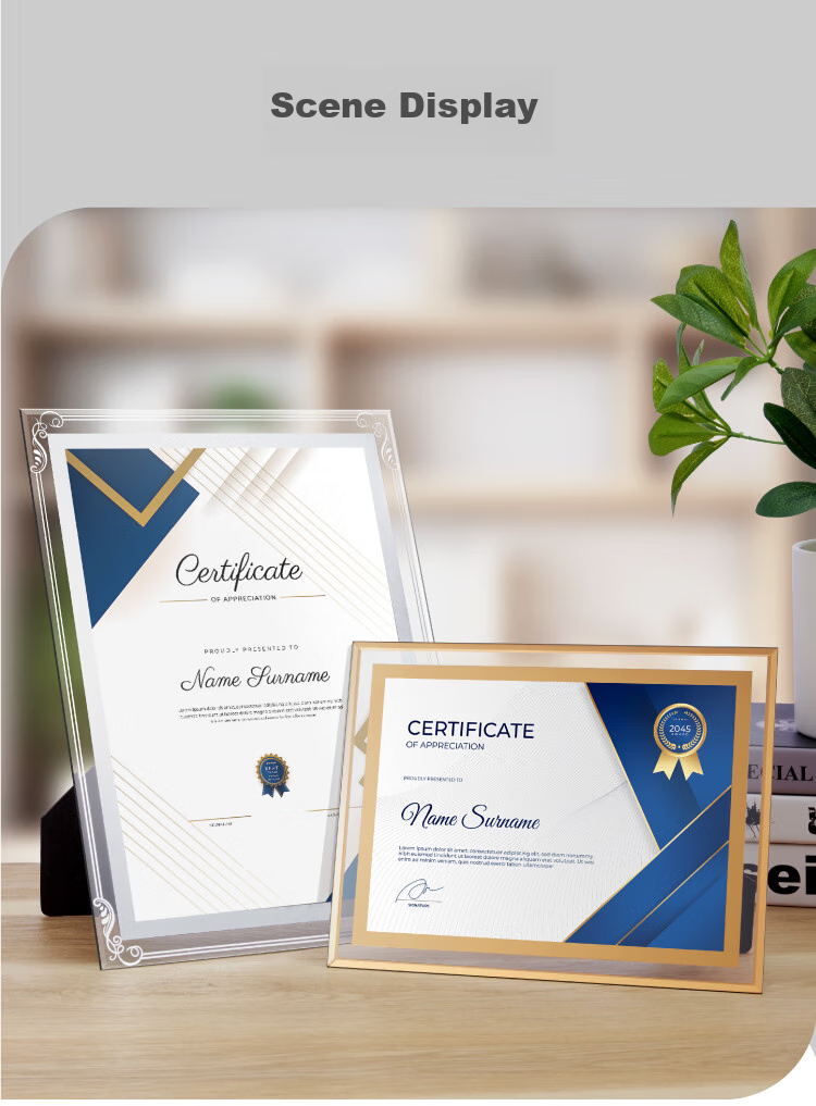 DSB (Dishibi) A4 Crystal Certificate Frame, Award Display Frame, Photo Frame, Glass Display Stand, Honor Certificate Display Frame, Business License Original Frame, Silver Floral Style, 4S12 15