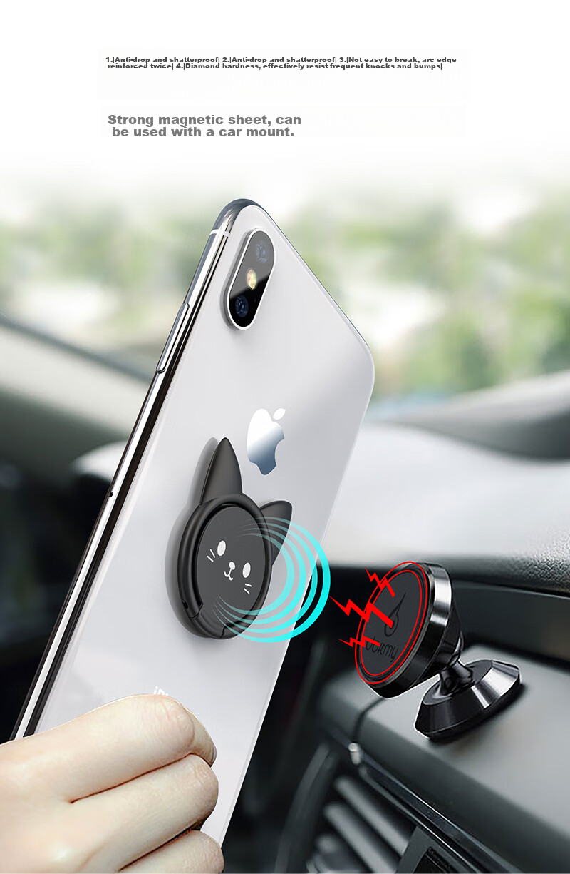 Zitai Phone Stand Ring Holder, Desktop Lazy Ultra-Thin Cartoon Creative Magnetic Car Mount Compatible, Universal for Apple/Huawei/Xiaomi/Tablets, Black 5