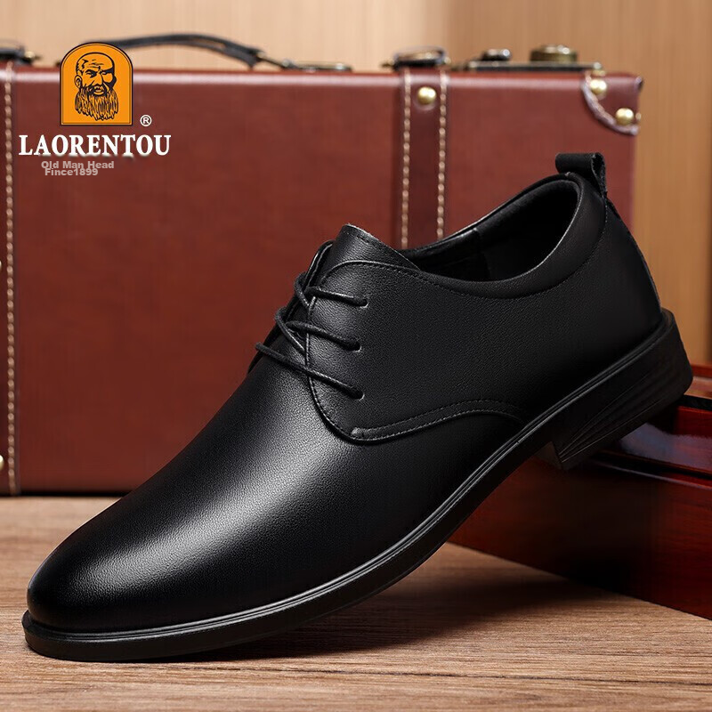 LAORENTOU Men's Leather Shoes, Business Casual Shoes, Top-Layer Cowhide, Spring And Autumn Breathable, Wear-Resistant, Non-Slip Men's Shoes, A30303, Black, Size 38