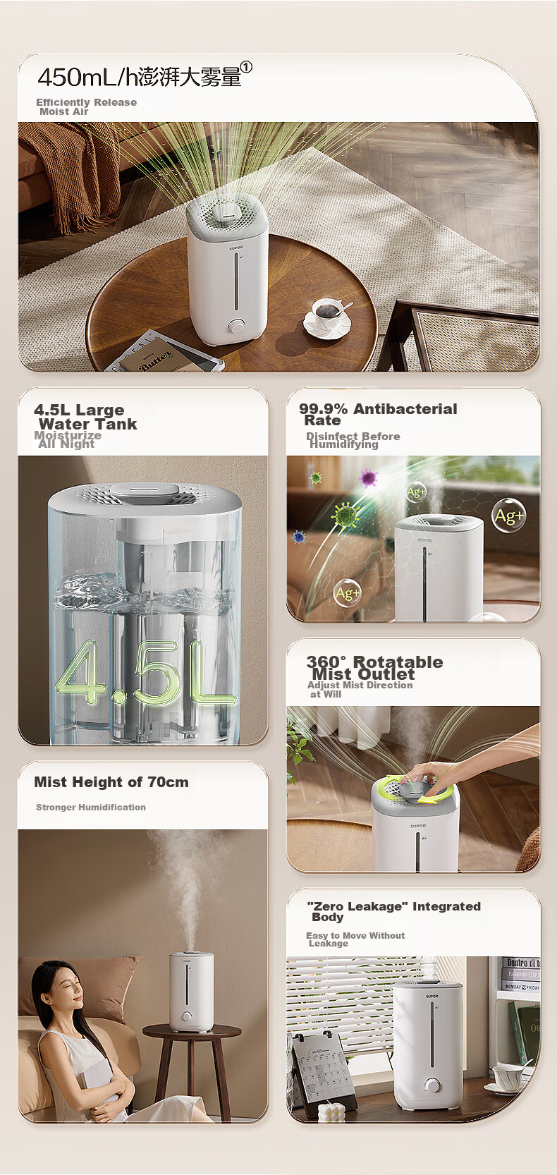 SUPOR Humidifier for Bedroom, Home Use, Infant, Office Desk, Dormitory, Evaporative Mist Maker, Small Air Purifier EHTW-22A for Relieving Dry Throat, Nasal Congestion, Rhinitis, And Allergies 3