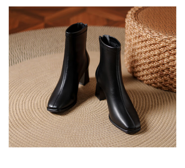 DAPHNE Women's Ankle Boots, Versatile for Spring And Autumn, French-Style High Heels, Nude Boots with Chunky Heel, Slim-Fit Women's Boots, Black, Size 35 15