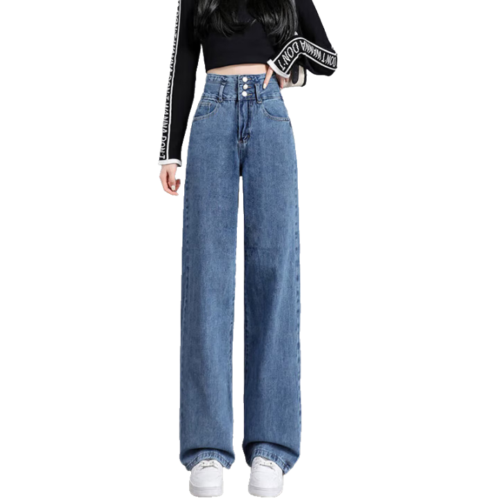 Pierre Cardin Jeans for Women, Summer Casual Slimming Heightening Versatile Fashion High-Waisted Wide-Leg Pants, Vintage Blue, Size L