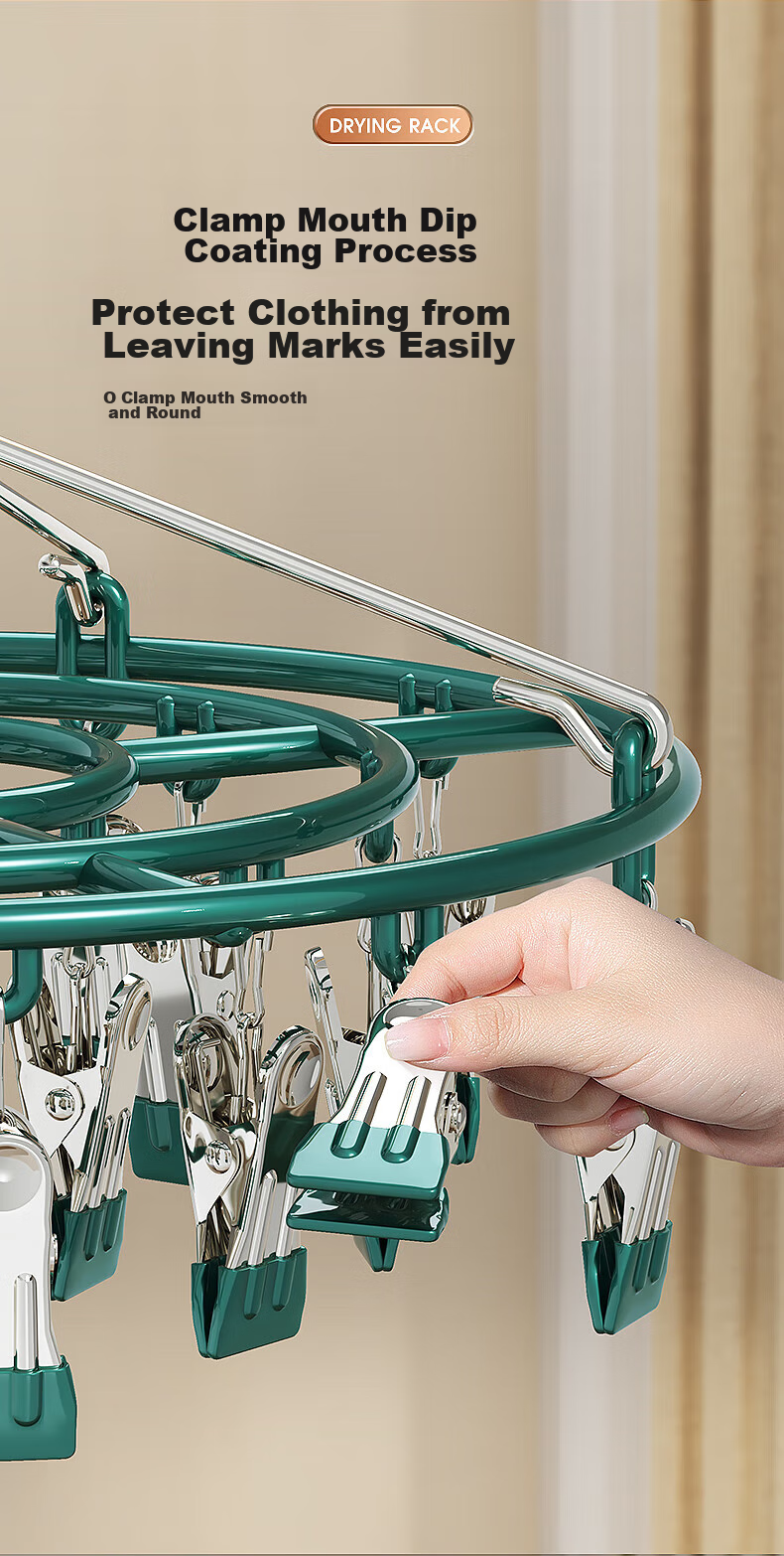 Jingxun Clothes Hanger with Sock Clips, 24 Clips Solid Multi-Head Drying Clips Multifunctional Windproof Sock Clips Round Gree 7