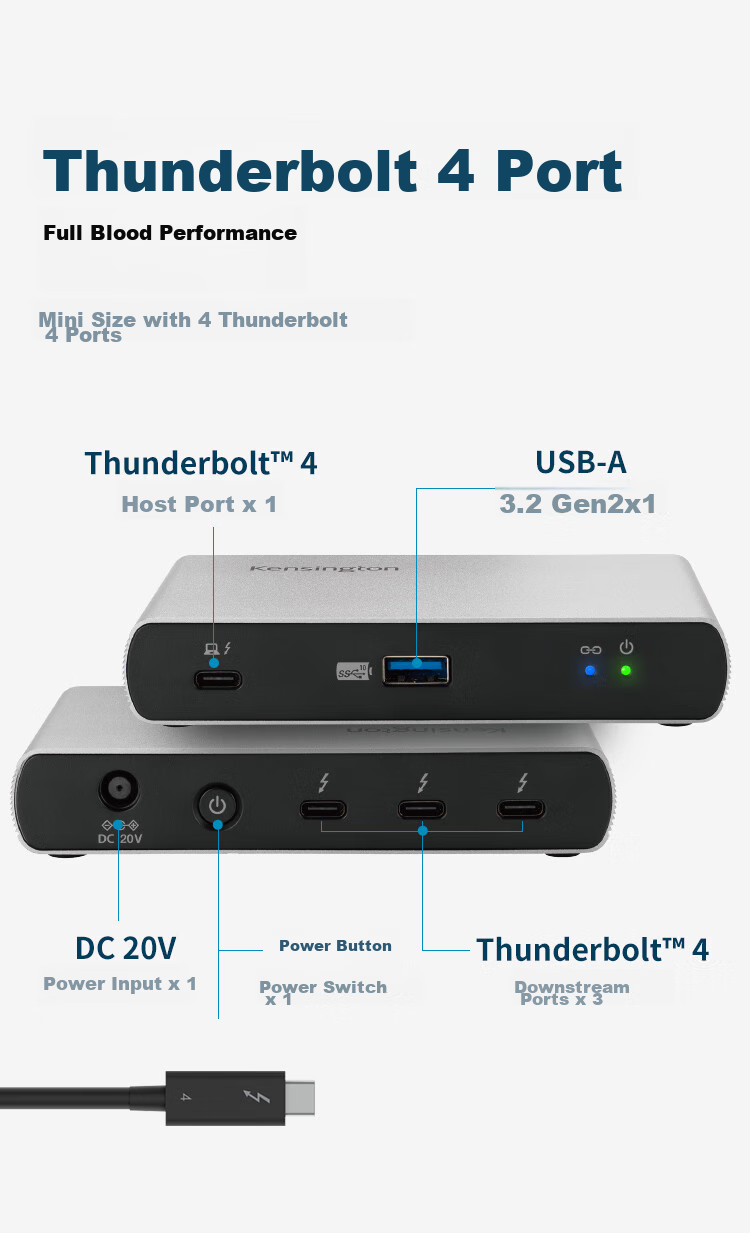 Kensington Thunderbolt 5 Docking Station, Thunderbolt 5 Expansion Dock, Four Independent Displays, 140W Power Supply, 8K Full Thunderbolt 5 Cable SD5000T5, Compatible with M4Pro/Max Macmini 6