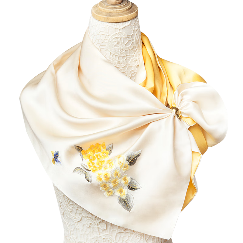 Zhijinlou Suzhou Embroidery Silk Scarf, Women's Handmade Embroidered Shawl, Chinese Style Double-Layer Mulberry Silk Flower Pattern Wrap, Birthday Gift