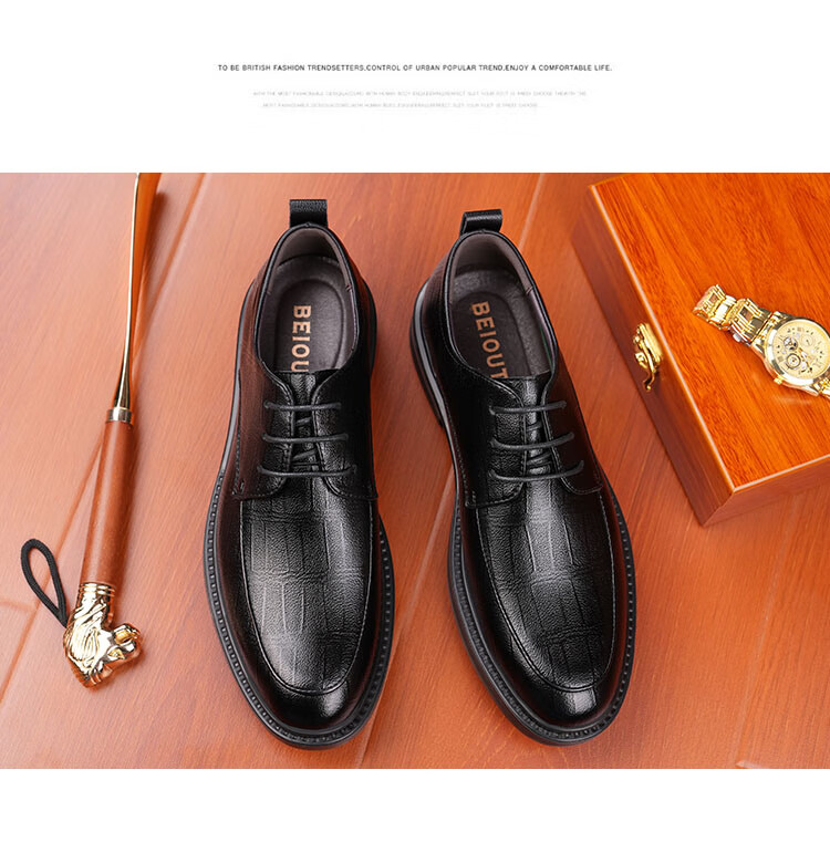 BEIOUTU Men's Leather Shoes, Business Formal Shoes, British Style Lace-Up Wedding Korean Version Men's Shoes, 1959 Black, Size 44 3