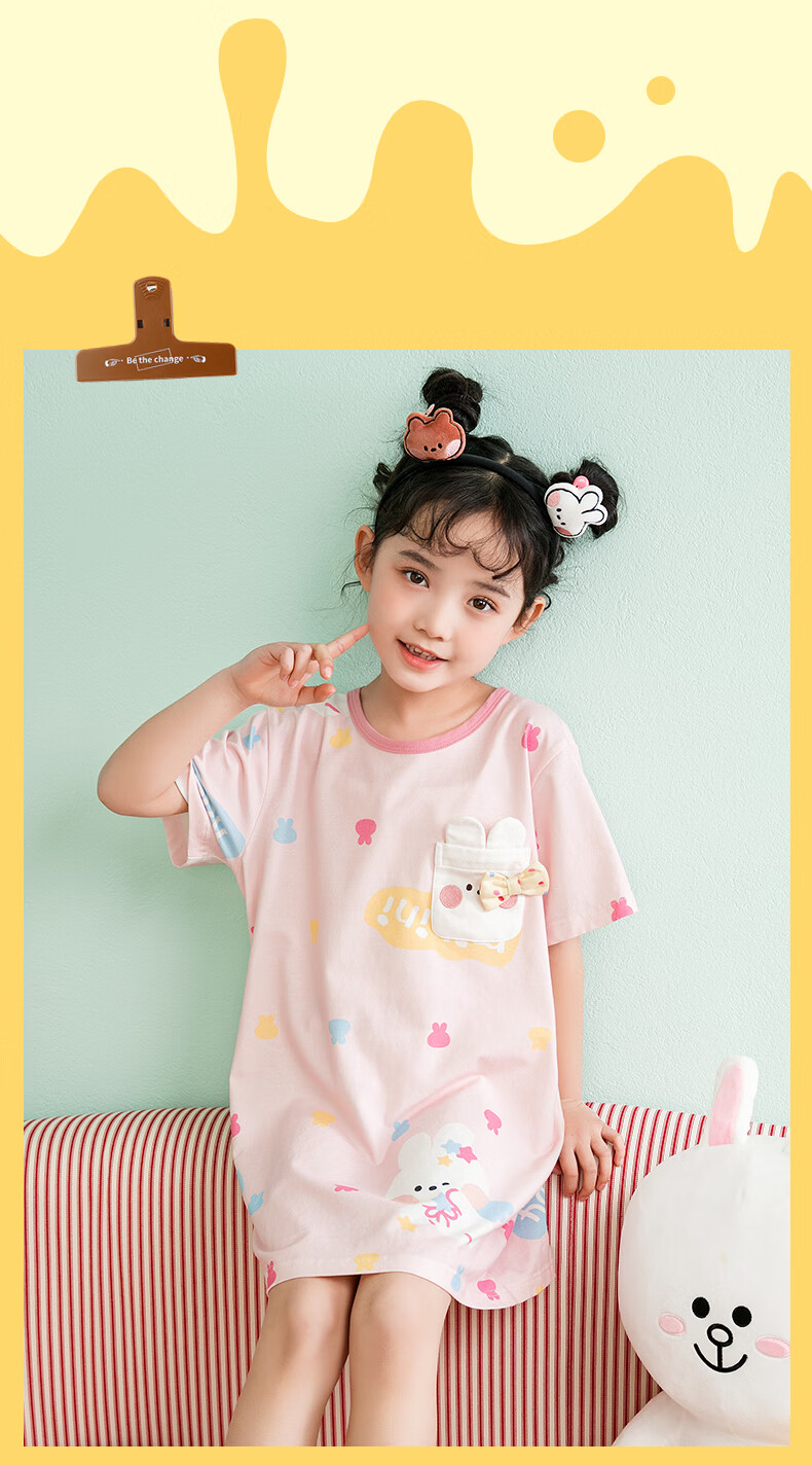 Fenteng Girls' Cotton Sleep Dress Bunny IP Summer Short Sleeve Bow Children's Pajamas Air Conditioning Clothes 10