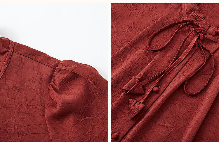 Dme [Ankeala Red] Elegant Office Blouse for Spring And Autumn, Wrinkled Shiny Ruffle Puff Sleeve Shirt Women's Top 19