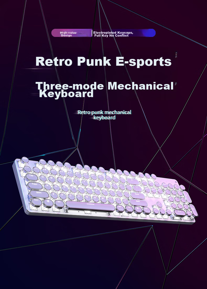 EWEADN TK950 Wireless Bluetooth Punk Mechanical Keyboard And Mouse Set, Wired Tri-Mode, for Office And Gaming, Computer Laptop, Blue Switch Retro Peripherals, 104 Keys, Pink with White Backlight 1