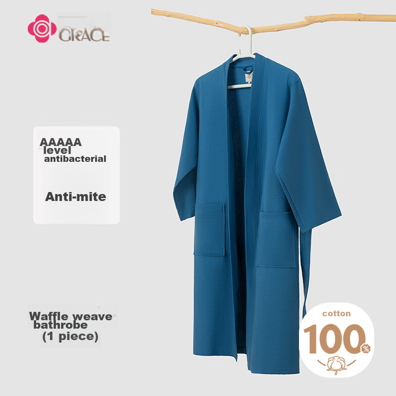Grace Antibacterial And Anti-Mite Bathrobe, Pure Cotton Absorbent Bathrobe, Simple Home Steaming Suit, Waffle Pattern Sleepwear for Men And Wome