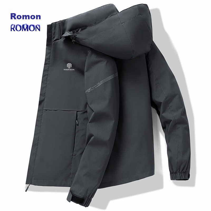 ROMON Men's Trendy Spring Hooded Jacket, Breathable Casual Business Coat for Young Men, E29 Dark Gray XL