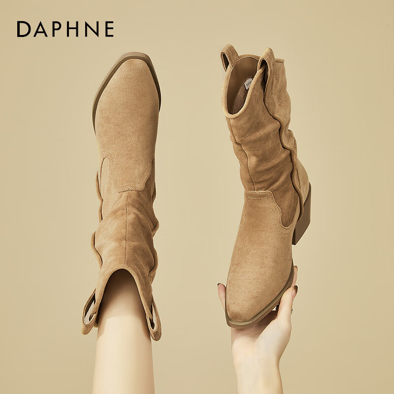 DAPHNE Pointed Toe Western Boots for Women with Fleece Lining, Chunky Heel, Versatile Retro Mid-Calf Boots, Khaki with Fleece Lining, Size 35