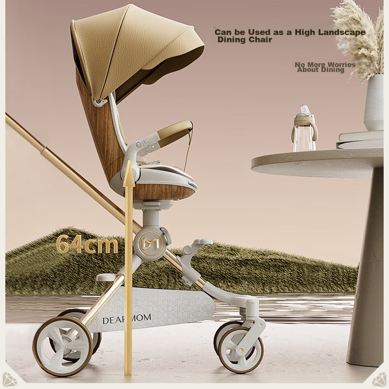 Dear Mom, Stroller, Large White Car, High Landscape Baby Stroller, Lightweight, Reversible, Can Sit Or Lie Down, Strolling Trolley for Babies, Gree