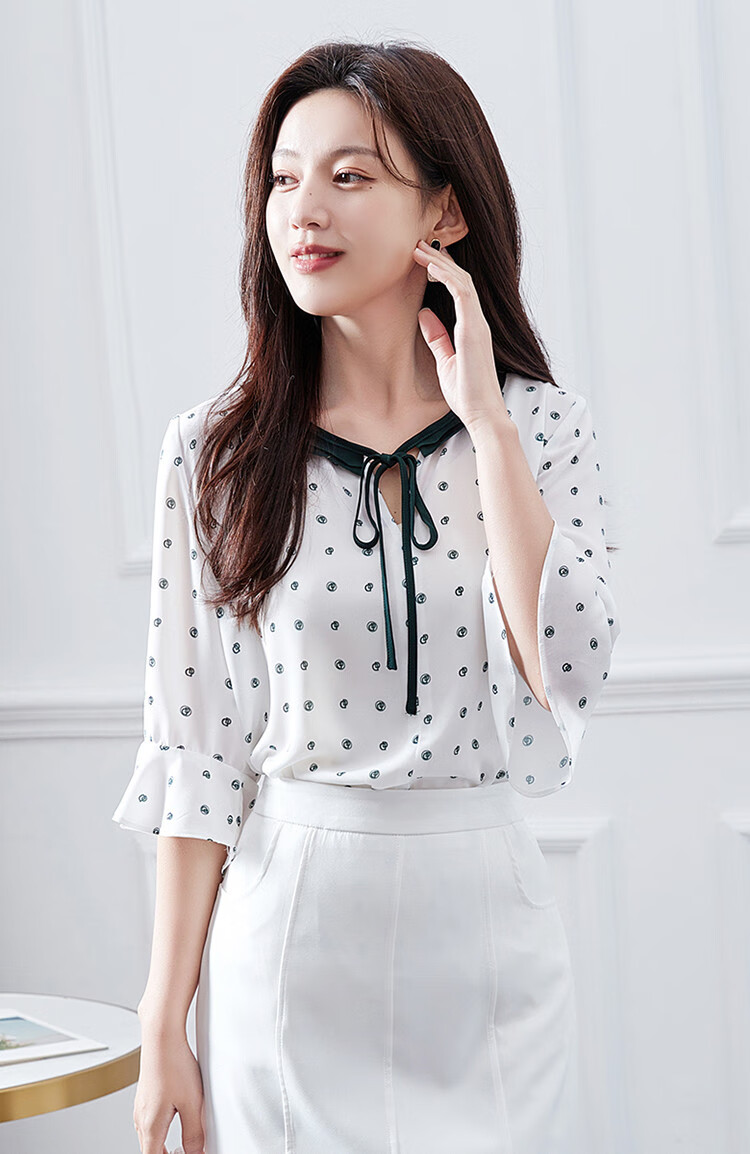 Dme Contrast Color Lace Trim Three-Quarter Sleeve Blouse Fashion Design Versatile Casual Shirt for Women, Off-White, Size S 3