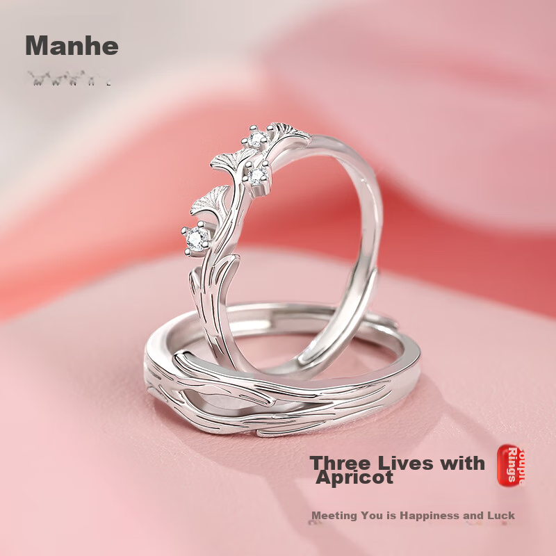 MANHE S999 Sterling Silver Couple Rings, One Pair of Engagement Diamond Rings, Adjustable Women's And Men's Birth Ring, Valentine's Day Gift