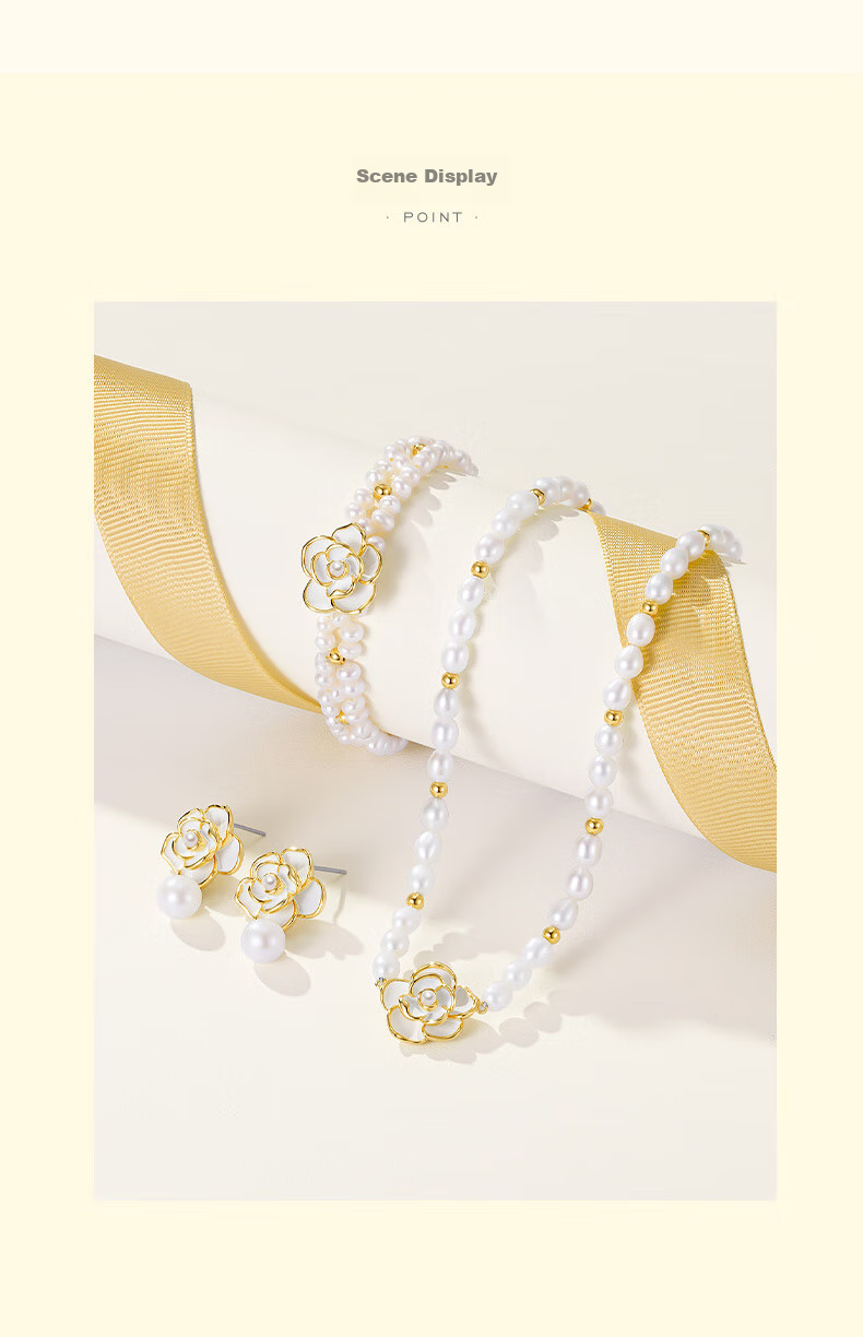 CHOW TAI SENG [Birthday Gift] Camellia Pearl Necklace, Pure Silver Women's Sweater Chain, Elegant Collarbone Chain for Girlfriend 8