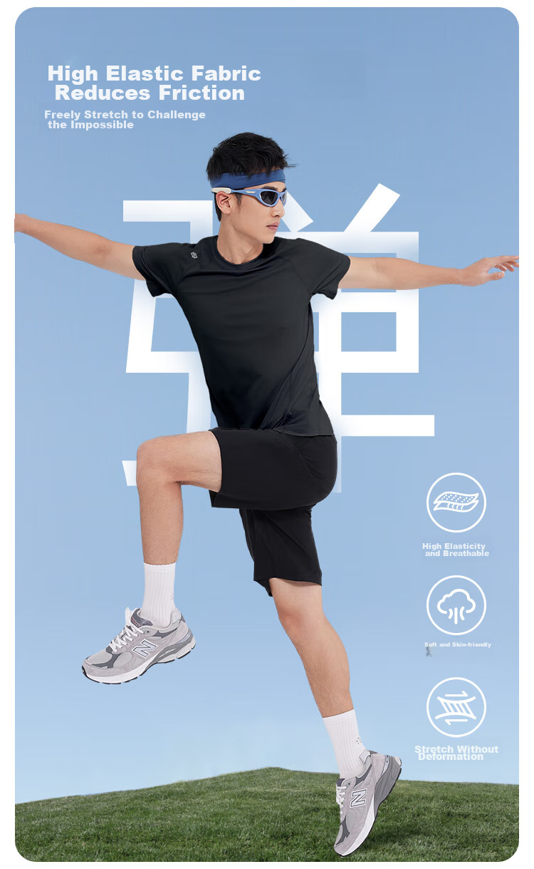 JD Original [Ultra-Light Set] Moisture-Wicking Quick-Dry Running Sports Round Neck Short Sleeve Five-Point Shorts for Men, Spring And Summer, Black S 8