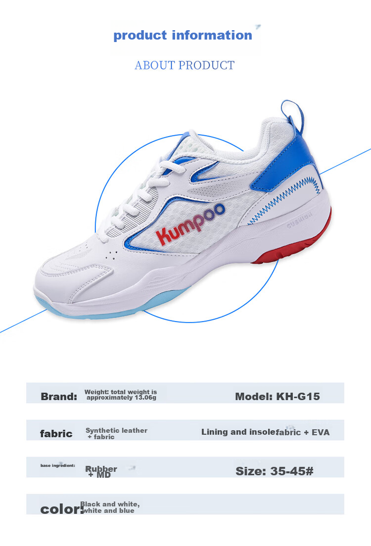 KUMPOO Badminton Shoes for Men And Women, Breathable, Lightweight, Shock-Absorbing, Anti-KH G15 White Blue Size 35 10
