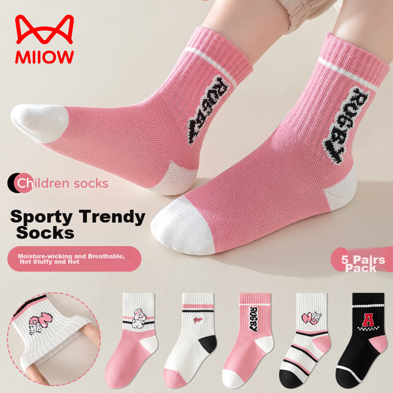 MiiOW Children's Socks, Girls' Mid-Calf Socks, Autumn And Winter Letter Trendy Socks, Girls' Sports Socks, 5 Pairs, Pink Rabbit Design, Size L