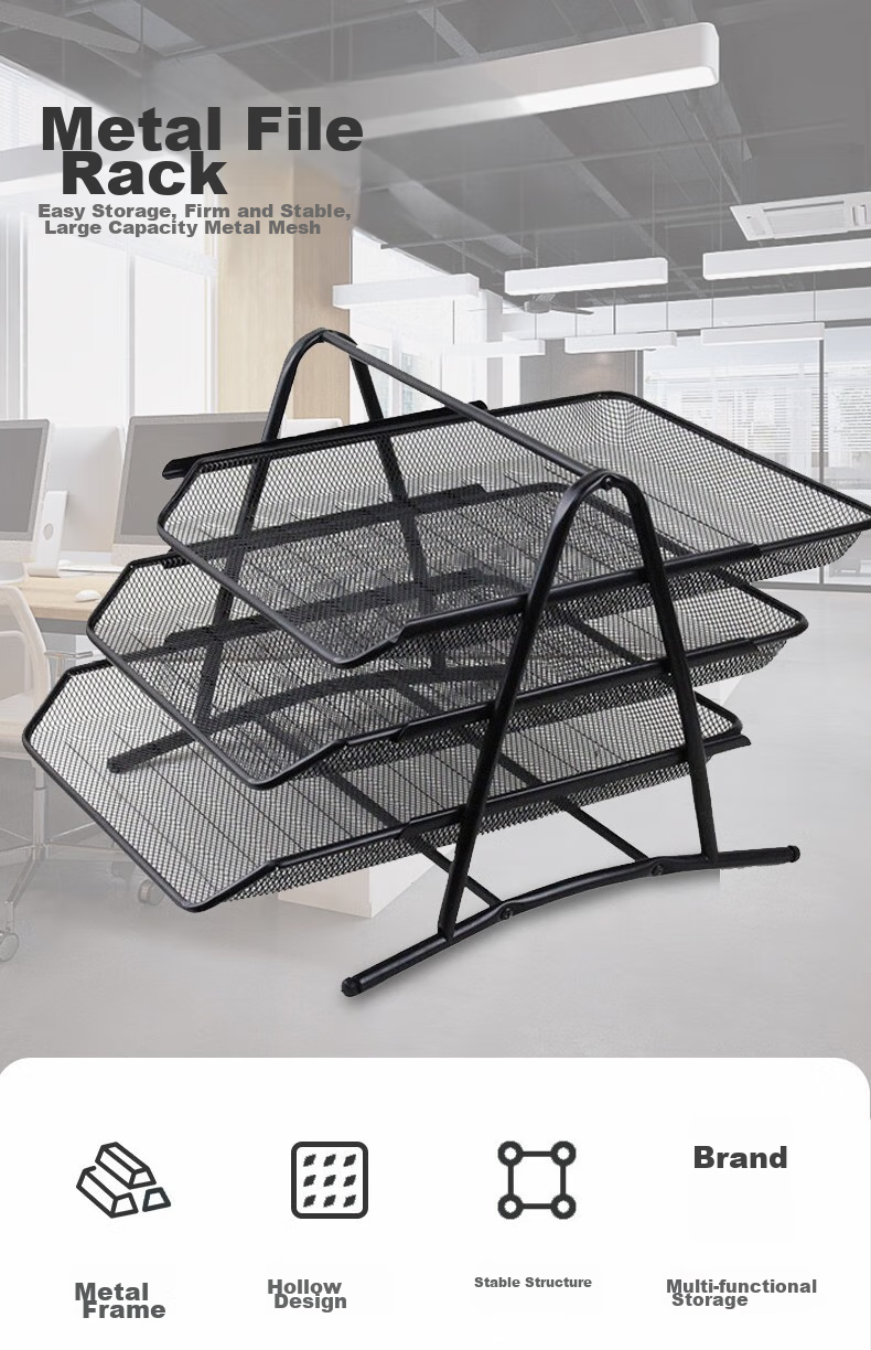 Kelangxinsheng Four-Linked Metal Desktop File Organizer, Office Desk Multi-Layer Document Rack Grid Hollow File Holder/document Tray, Four-Linked File Basket 1