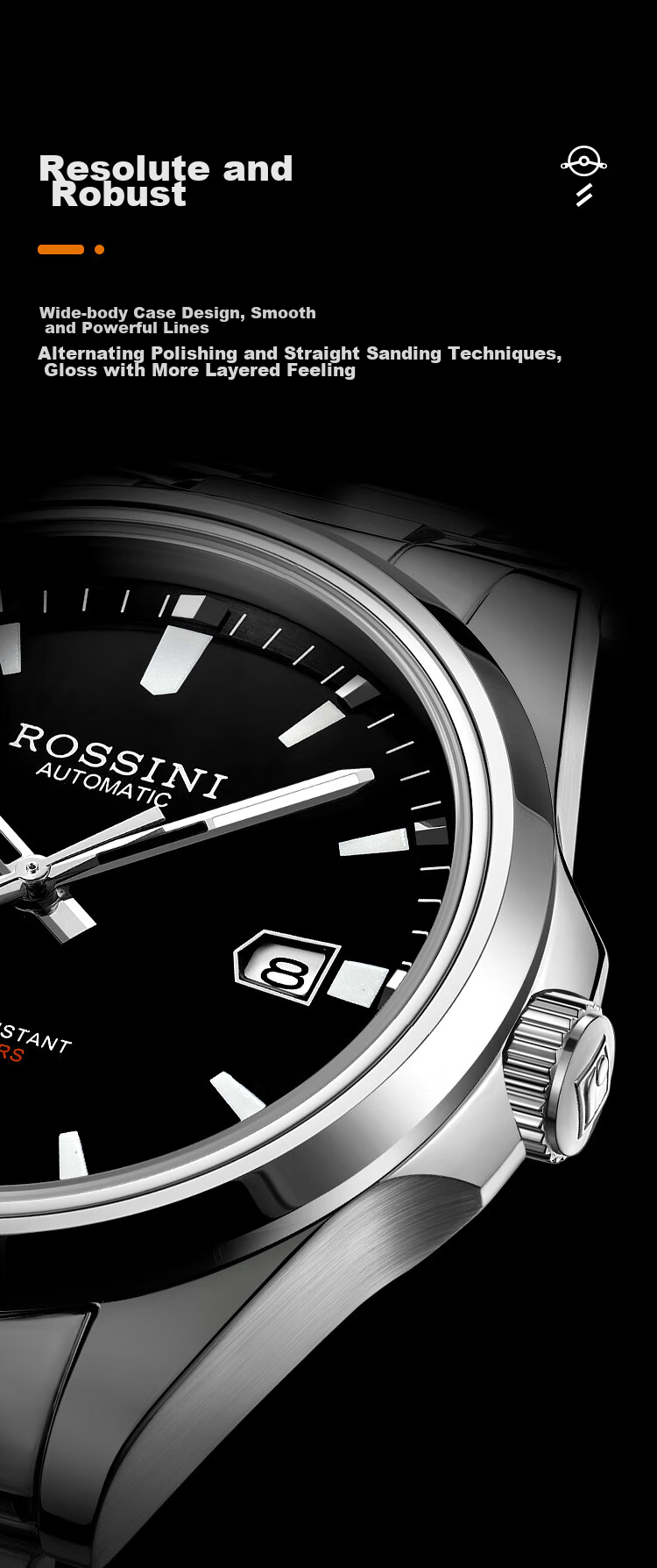 ROSSINI Men's Mechanical Watch, Birthday Gift for Men, Luminous, Water-Resistant, Black Dial, Tungsten Steel Strap, 5240209 7