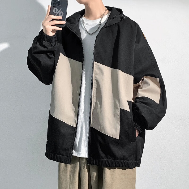 Dingfengbaoluo American-Style Hooded Jacket for Men, Spring Fashion Trendy Versatile Loose Casual Long-Sleeve Coat DFM05 Black L 5