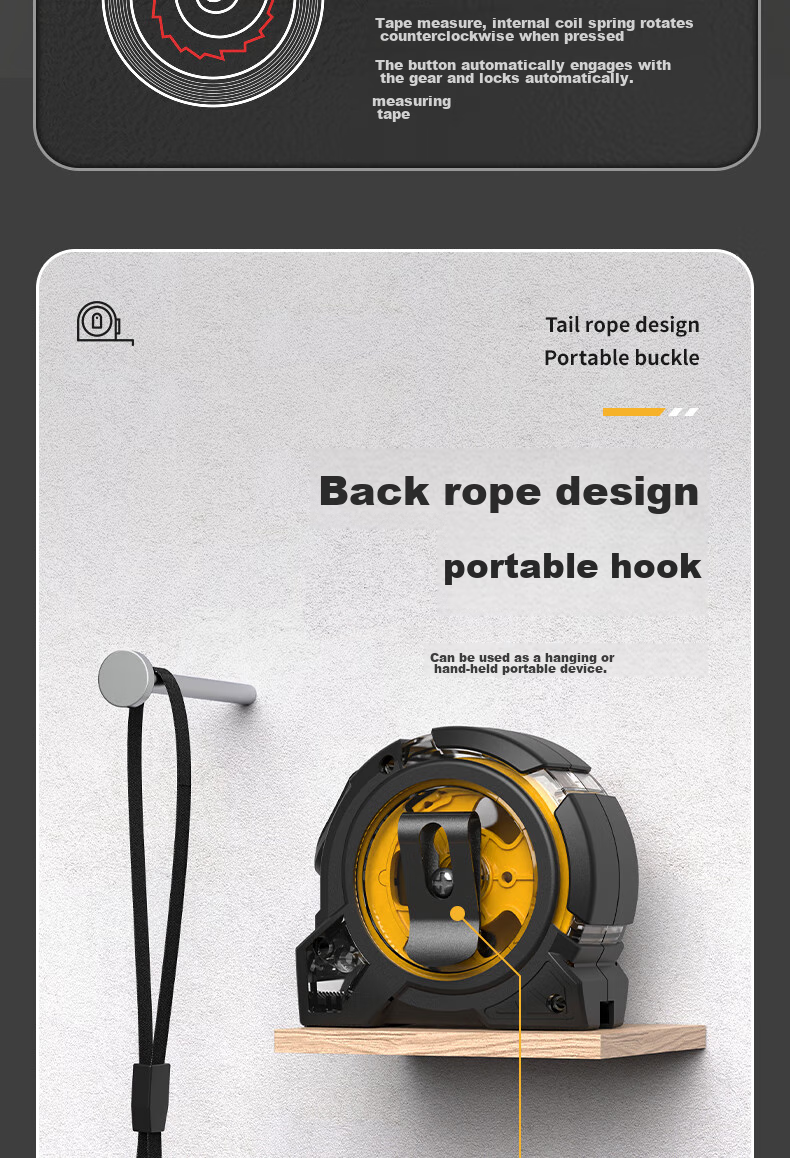 Ruineng Self-Locking Tape Measure, High Precision, Black Gold Rubber-Coated, Transparent Case, Wear-Resistant, Drop-Resistant Steel Tape Measure, Meter Ruler, Box Ruler, 10X25mm 15