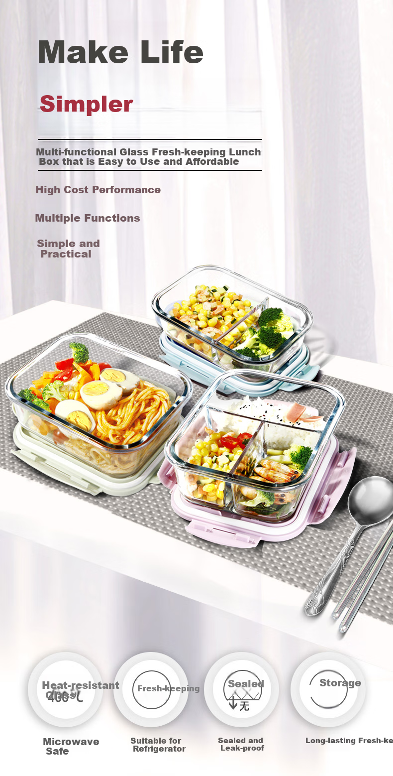 Demasi Heat-Resistant Glass Food Storage Container, Microwave-Safe Lunch Box for Office Workers, Blue Long 1000 + Divider 1000 + Bag + Tableware 5