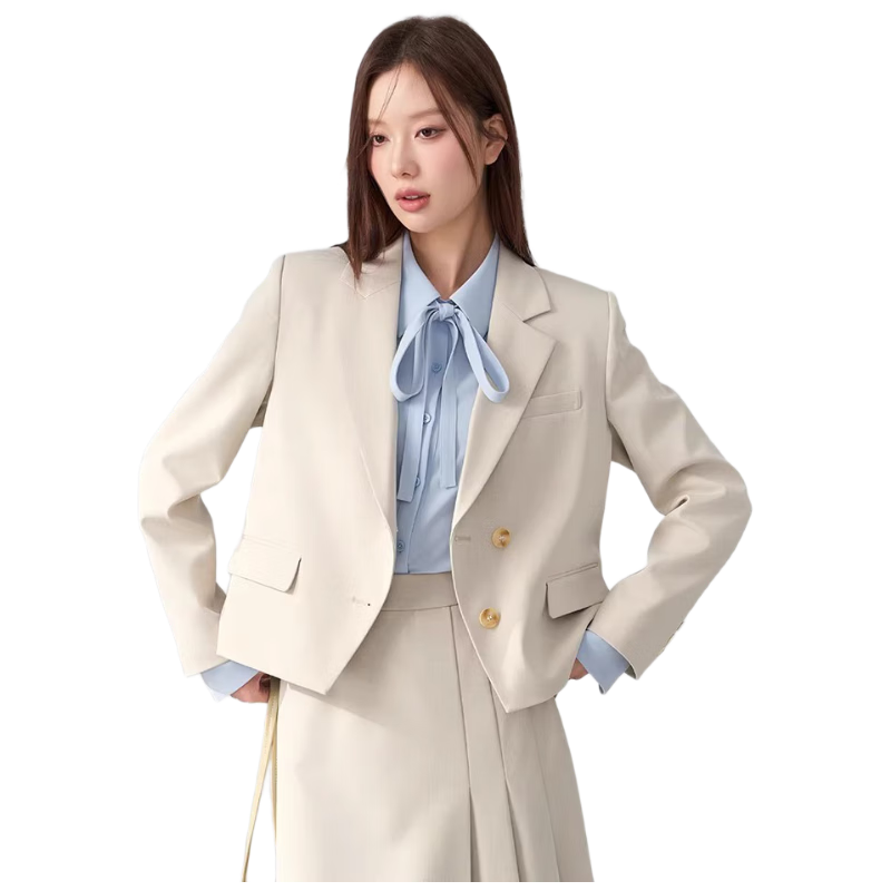 Bodexiaojie Beige Interview Suit Jacket for Women, Professional Commute Formal Wear, Lightweight Office Suit for Petite Figures