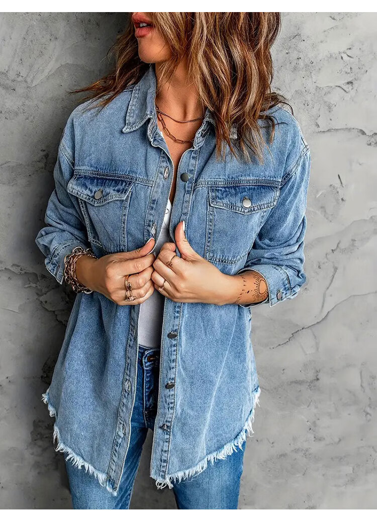 Pierre Cardin Women's Shirt, Summer Versatile Loose Street Style, Distressed Hem, Denim Blouse Top, Dark Blue, Size L 6