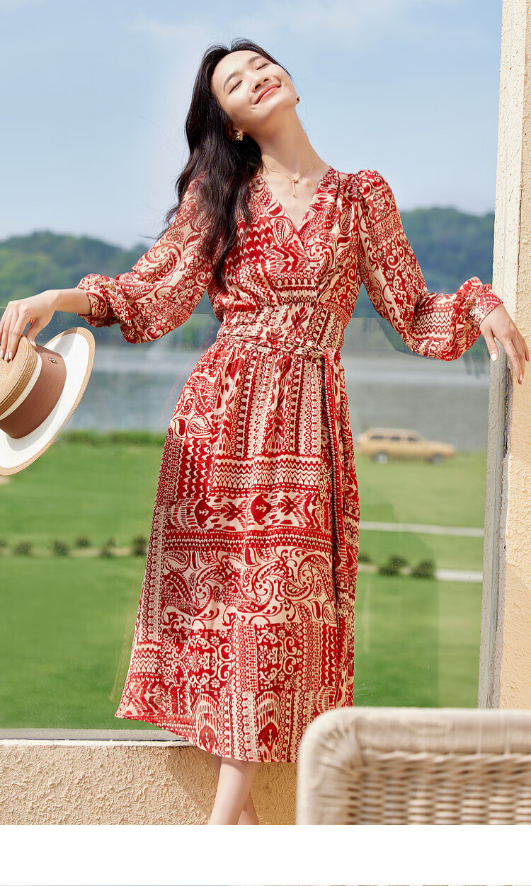 Sentubila Spring And Autumn Mid-Length Floral Print Red Dress, Elegant Goddess Style Slimming Vacation Dress, Red Floral Pattern, Size S 24
