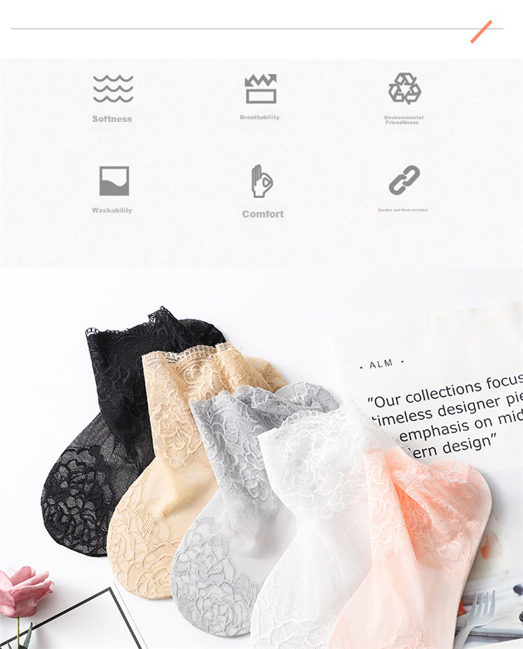 LangSha Women's Lace Stockings with Ribbons, 6 Pairs of Mesh Short Socks with Cotton Bottoms, Thin Spring And Summer Socks 2