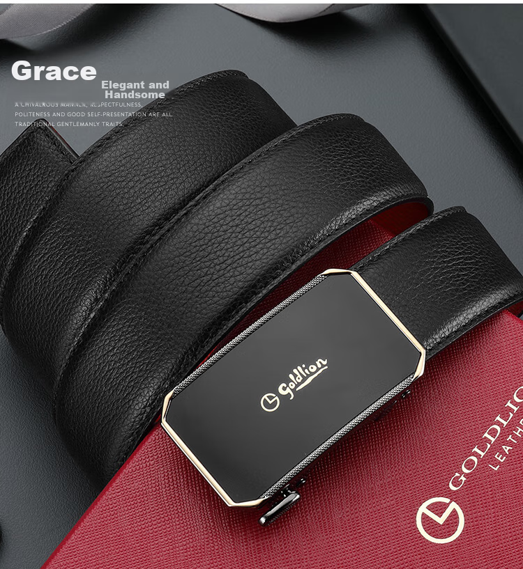 Goldlion Men's Belt, Top-Grain Leather, Automatic Buckle, Red Waistband Gift Box, Zodiac Year Trouser Belt, Birthday Gift 4