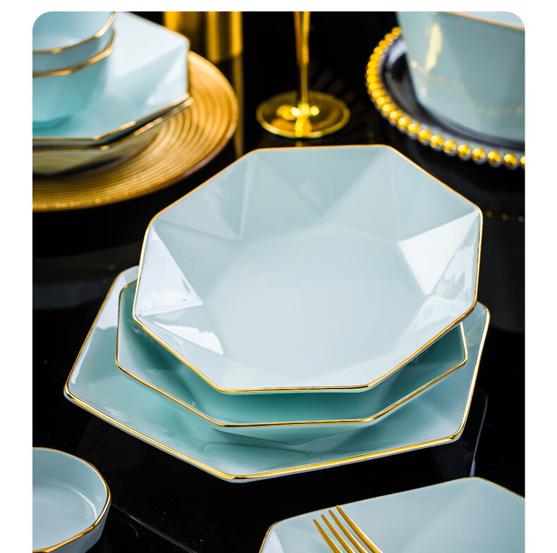 KANGQIN Ceramic Chopsticks Underglaze Color Housewarming Bowl And Plate Set, Home Dining Tableware 70 Pieces Upgraded Soup Pot Gift Box Mid-Autumn Festival 5