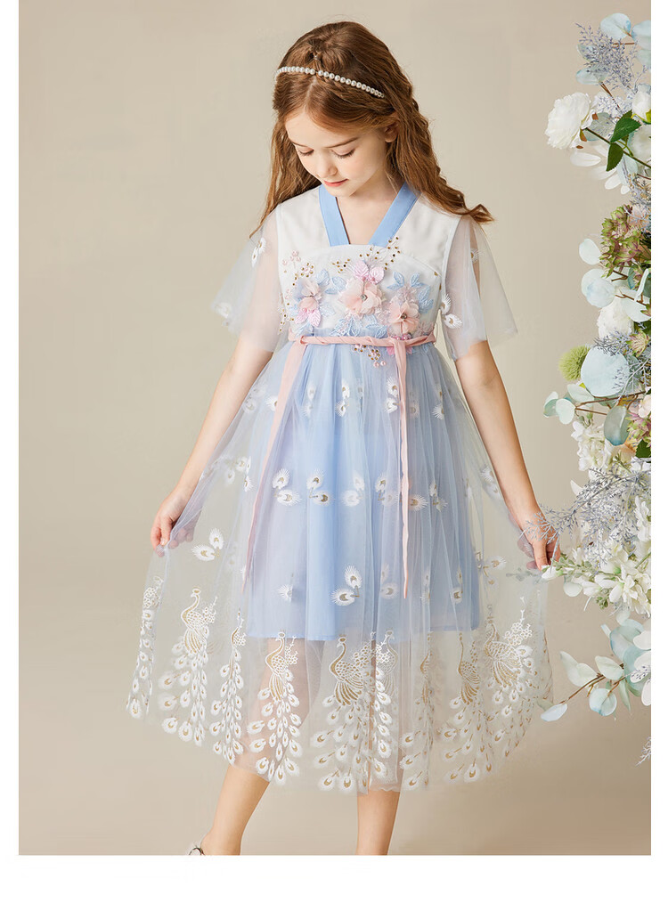 ASK JUNIOR Girls' Summer Dress, Vintage Hanfu Style for Older Children, Lightweight Short-Sleeve Mesh Princess Dress 12