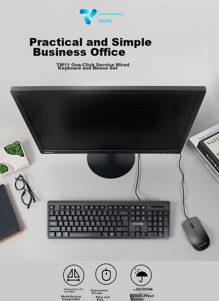 Lenovo Wired Keyboard And Mouse Combo, Full-Size Office Mouse And Keyboard Set, Business Computer Keyboard, All-In Desktop Laptop Keyboard TW11S 1