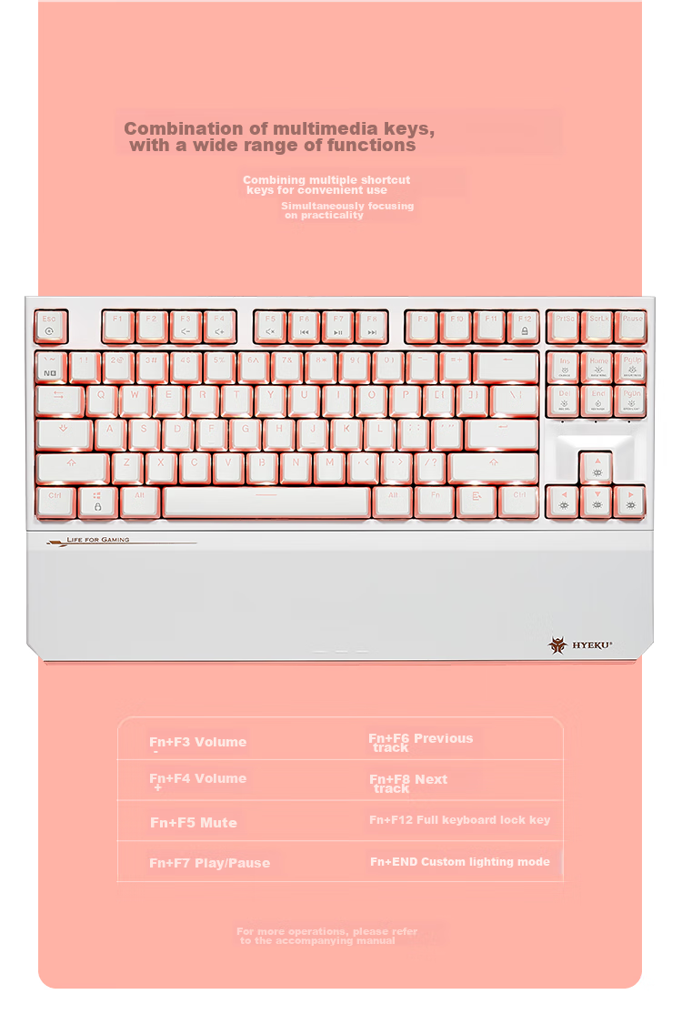 Hyeku X3 Wired/wireless 2.4G Dual-Mode Gaming Mechanical Keyboard, 87 Keys, PBT Keycaps, Kaikhua BOX New Switch, Peach Bubble Water, Kaikhua Rose Red Switch with Clip And Wrist Rest 19