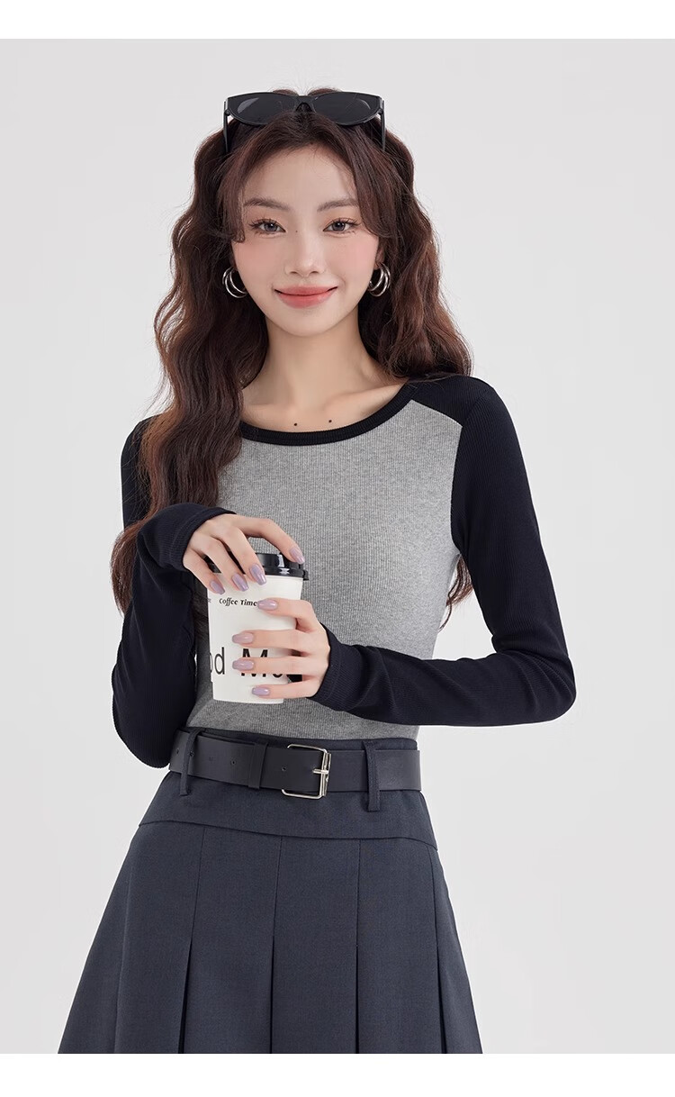 NOME Color Block Spliced Long Sleeve T-Shirt for Women, Autumn New Style Design Inner Layer Raglan Sleeve Top, Gray, L 14