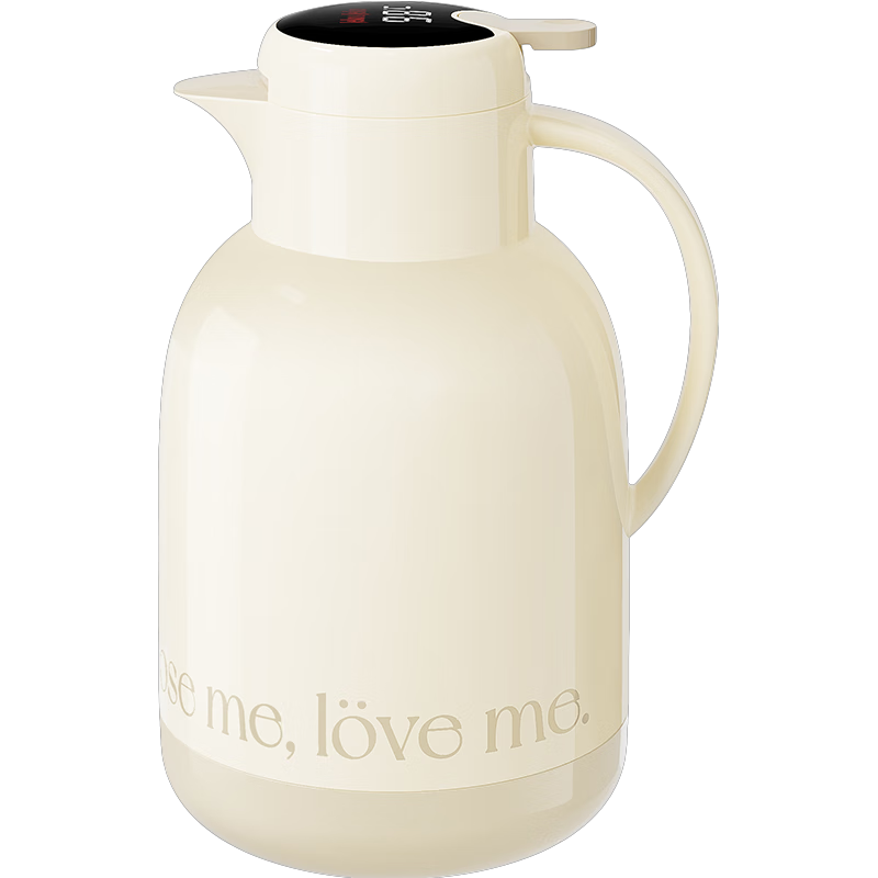 JEKO&JEKO Insulated Thermos, Large Capacity Hot Water Bottle for Home Use, Glass Inner Liner with Digital Display, Special Edition Pei'ao, 2L, Cream White